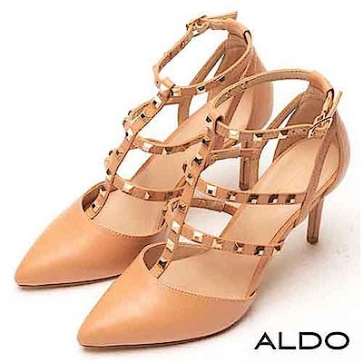 全新轉賣 ALDO 氣質裸色 原色綴金屬鉚釘尖頭繫帶跟鞋 36號