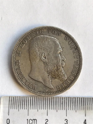 德國1907年符騰堡5馬克銀幣 好品6108