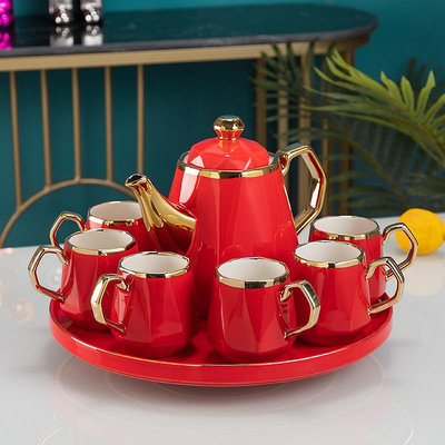 廠家出貨創意結婚杯子整套紅色茶杯陶瓷茶壺耐熱茶具客廳茶壺送禮套裝
