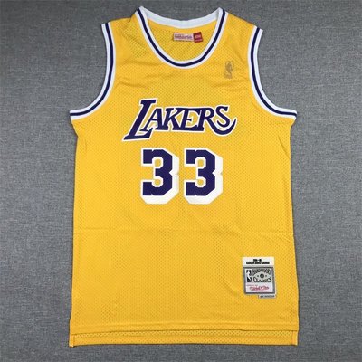 NBA···洛杉磯湖人隊 33號 賈巴爾 黃色刺繡復古網眼球衣