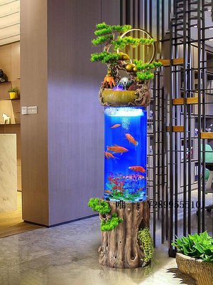 玻璃魚缸新中式流水生財魚缸擺件客廳落地圓柱形金魚缸免換水景噴泉加濕器水族箱