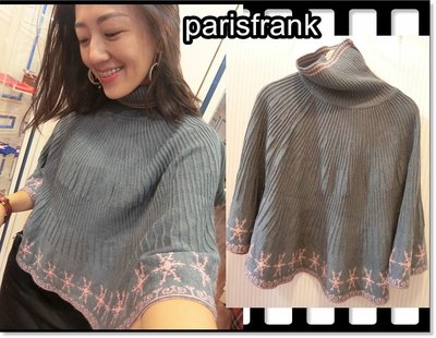 parisfrank~~品牌showcase 全新 高質感 高領 氣質精緻 針織灰色鑲粉線條斗篷