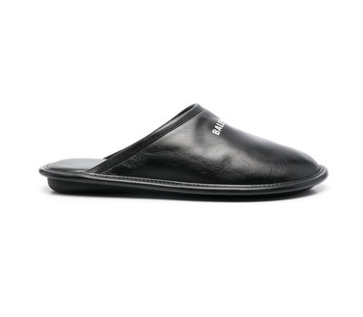 [全新真品代購] BALENCIAGA LOGO 黑色皮革 穆勒鞋 / 拖鞋 (巴黎世家)