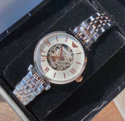 EMPORIO ARMANI 銀白色鏤空錶盤 玫瑰金色配銀色不鏽鋼錶帶 女士 自動機械錶 AR1992 亞曼尼腕錶