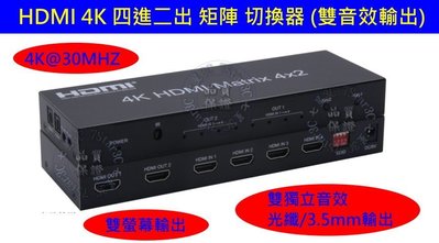 4K 1080P 藍光等級 3D HDMI 矩陣 四進二出 分配器 4進2出 4x2切換器 帶光纖/3.5立體聲音頻