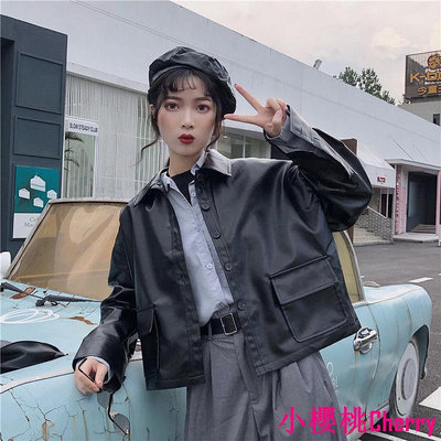 薔薇花園Q1 機車皮衣外套 機車PU皮衣外套女新款韓版BF風寬鬆百搭學生短版雙口袋皮夾克