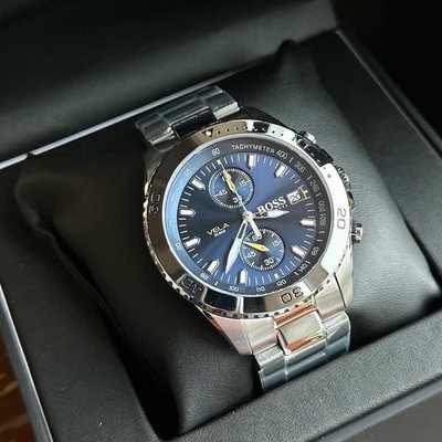HUGO BOSS Vela 藍色錶盤 銀色不鏽鋼錶帶 石英 雙眼計時 男士手錶 1513775