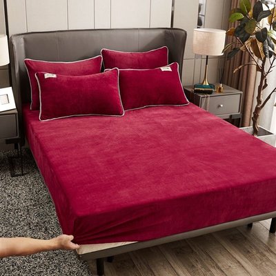 現貨 珊瑚絨保暖床笠 加厚素色床包組 紅色灰色紫色 雙人床包 床罩床套 枕頭套 防螨防塵 加大 冬季加厚保暖床-簡約