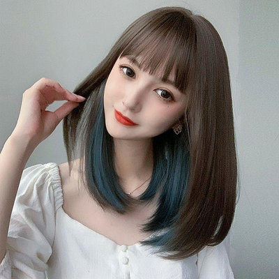 韓式發型女藍色掛耳染層次鎖骨發內扣中長掛耳發自然頭套式假發
