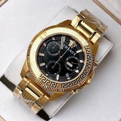 VERSACE Greca Action Chronograph 黑色面錶盤 金色不鏽鋼錶帶 石英 三眼計時 男士手錶 VE3J00622