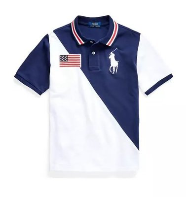 POLO  Ralph Lauren 大馬 藍白拼接色塊 大馬+國旗 短袖 polo衫 青年款