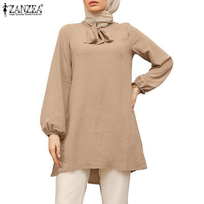 Zanzea 女士穆斯林日常不可拆卸蕾絲長袖燈籠袖不對稱下擺紋理襯衫