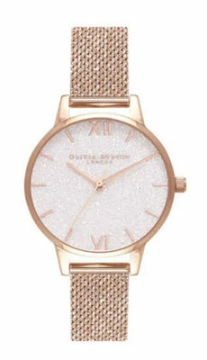 Olivia Burton Classic Ø 30 mm | Midi White Glitter Dial Rose Gold Mesh Watch