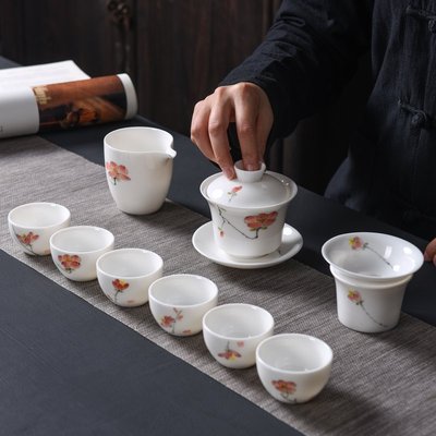高嶺土德化白瓷茶具套裝家用功夫小茶杯陶瓷蓋碗手繪青花羊脂玉瓷-主推款
