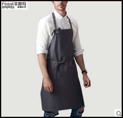 【Feast-菲斯特】-掛脖灰色印刷LOGO廚房廚師圍裙 奶茶店咖啡家用工作男圍裙A84