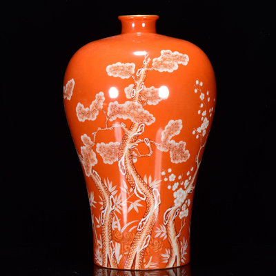 中國古瓷 清雍正年礬紅松竹梅紋梅瓶40*24m28000RT-1759
