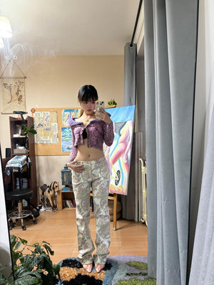 escada中古vintage紫色圖騰印花直筒褲長褲女褲，整