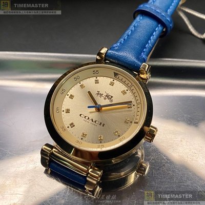 COACH手錶,編號CH00047,30mm金色圓形精鋼錶殼,金色簡約錶面,寶藍真皮皮革錶帶款