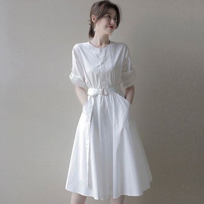 MGEA ? 法式赫本風白色長袖襯衫洋裝 洋裝 夏季小個子溫柔初戀茶歇襯衫裙 白洋裝