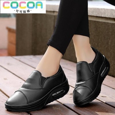 女士透氣白色黑色護士鞋跟跑步運動鞋坡跟運動鞋 (35-42)-可可鞋櫃