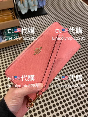 EL~COACH C4451 玫粉色 素面皮革 手腕拉鍊長夾 現貨 附購買收據 特價3980