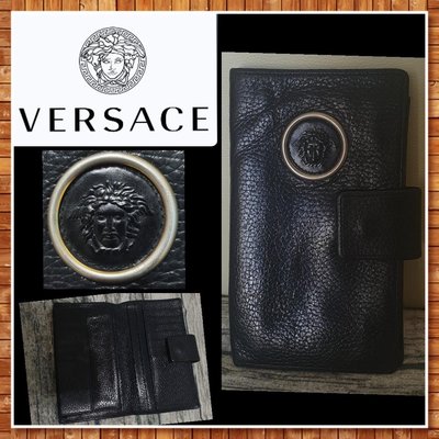 正品Gianni Versace 凡賽斯精緻Medusa梅杜莎圖案中性男士女士都適用，黑色真皮多層功能長夾，義大利製