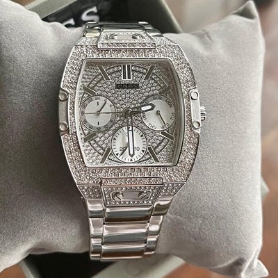 GUESS Raven 酒桶型密鑲水晶錶盤 銀色不鏽鋼錶帶 石英 女士手錶 GW0104L1