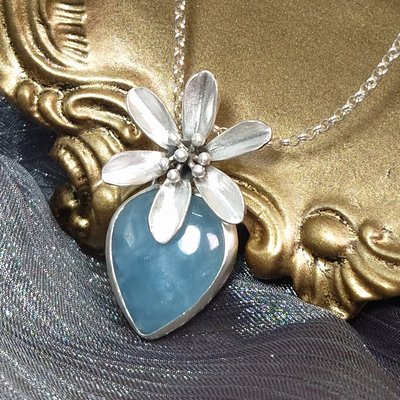 【善觀手作精品】墜子 天然 海藍寶 925銀飾 項鍊 花 寶石 飾品 首飾