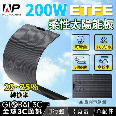 ALLPOWERS 200W 柔性太陽能板 SF200 ETFE 防水 可彎曲 單晶矽 25%轉換率 MC4接口