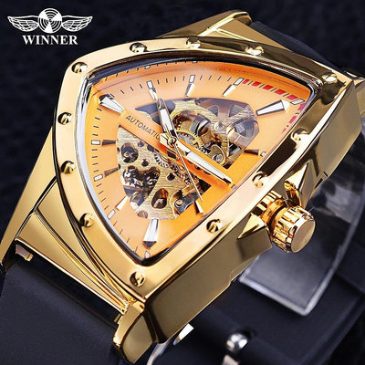 現貨男士手錶腕錶Winner金色鏤空機械錶三角形男士自動手錶硅膠錶帶腕錶一件起批