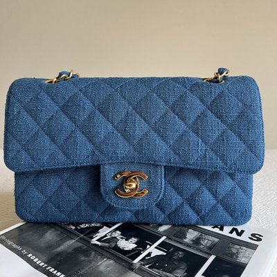 Chanel vintage 藍色亞麻布cf 金釦鏈條包