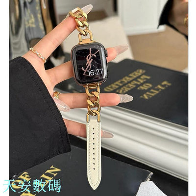 新品上架金屬鏈皮錶帶 適用 apple watch 女士錶帶 9 8 SE 7 6 金屬拼接皮錶帶 45 40mm 蘋果