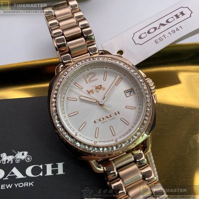 COACH手錶,編號CH00093,34mm香檳金圓形精鋼錶殼,白色簡約, 中三針顯示錶面,香檳金精鋼錶帶款