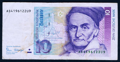 德國 1989年版 10馬克 (數學王子 高斯) 7.5品！票面輕微泛黃 紙幣 紀念鈔 紙鈔【悠然居】85
