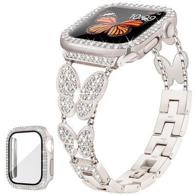 蝴蝶鑲鑽女生錶帶適用Apple Watch ultra手錶帶殼框套裝蘋果S8/7不鏽鋼41/45/49mm