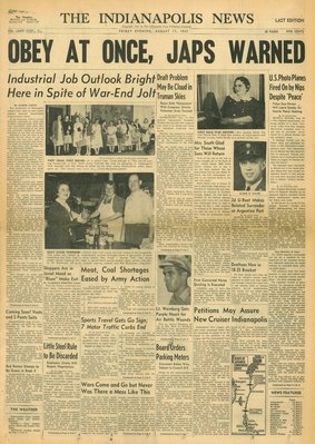 (徐宗懋圖文館)  二戰1945年8月17日 美國報紙《The Indianapolis News》原件