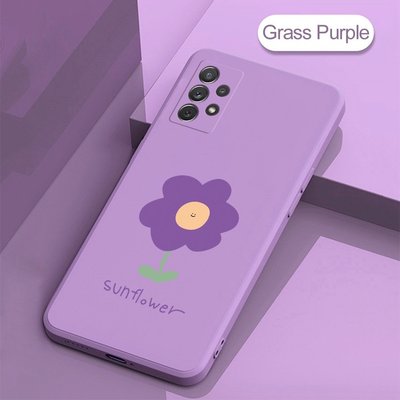 適用於 Samsung Galaxy A32 4G 5G A52 A52S A72 軟液體矽膠方形紫色花朵手機殼全覆蓋相