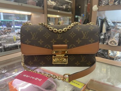 ☆最愛二手精品☆ LOUIS VUITTON LV 原花字紋拼焦糖色皮革金釦金鍊釦式翻蓋肩背包斜背包 M46127 C2265 MARCEAU