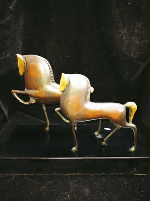 E0168_1 銅雕雙馬 對馬 (3.3kg) 長35cm寬14cm高7cm 銅雕馬部分鎏金 大型駿馬銅藝擺件