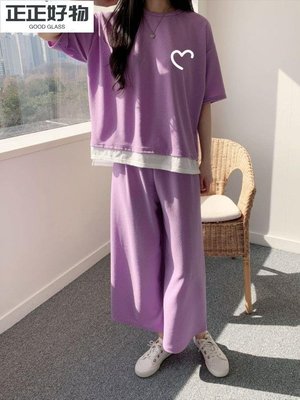 韓版夏季小香風時尚運動套裝女寬松休閑短袖T恤九分褲兩件套女生-正正好物