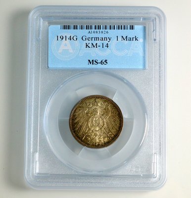 評級幣 1914年G記 德意志帝國 1 Mark 銀幣 包漿 鑑定幣 ACCA MS65