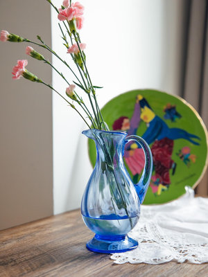 【二手】日本中古藍色玻璃水罐花瓶 vintage花器 回流瓷器 餐具 精品【微淵古董齋】-2906