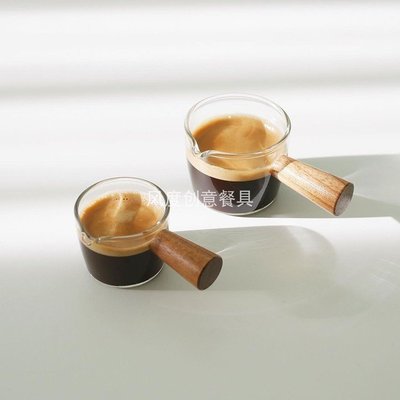 促銷打折 日式ins玻璃木柄小奶盅濃縮拿鐵意式咖啡杯牛奶杯萃取量~