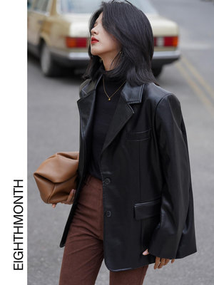 EM八月 黑色皮衣外套女春季新款復古皮夾克設計感西裝