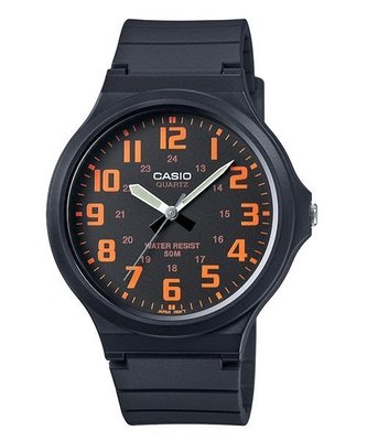【金台鐘錶】CASIO卡西歐 (考試專用)(學生 當兵 必備) (黑面x橘字) 43mm大錶面 MW-240-4B