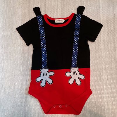 寶寶童裝 超可愛disney迪士尼米奇Mickey配色手套圖案紅色黑色緞面吊帶短袖連身裝 連身褲 兔裝 4號 特價現貨