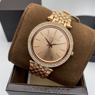 MK邁克科爾斯女錶,編號MK3192,38mm玫瑰金圓形精鋼錶殼,玫瑰金色簡約, 水晶鑽圈錶面,玫瑰金色精鋼錶帶款