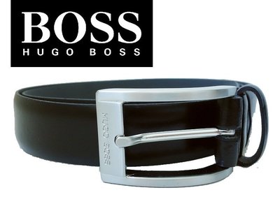 Hugo Boss 皮帶 黑色 真皮 義大利製 霧銀方形皮帶頭 38 【以靡專櫃正品】
