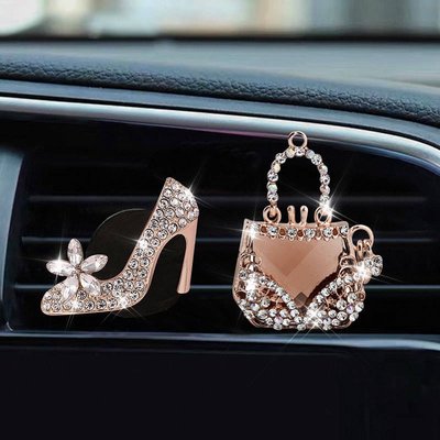 水晶高跟鞋 車載出風口 香薰夾創意鑲鑽包包 個性女汽車香水夾裝飾品 汽車百貨 Xz7A