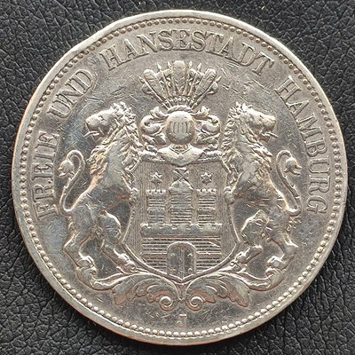 漢堡 雙獅 5馬克 大銀幣 德國 1893年 稀年4089